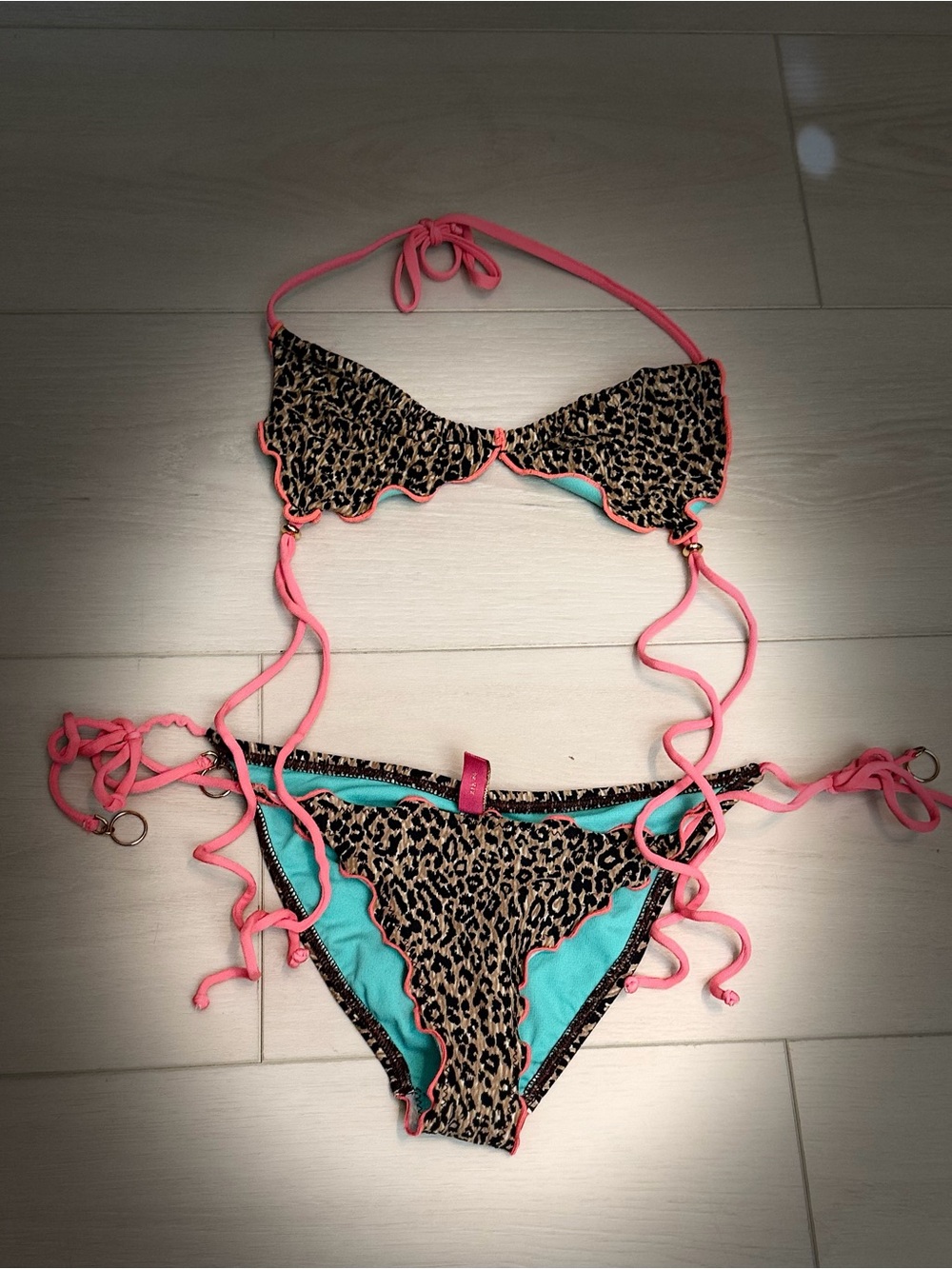 Sofia Leopard Bikini with Pink Trim and Aqua Lining